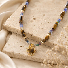 Tiger’s Eye Heart Charm Necklace with Sodalite Beads