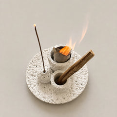 White Wabi-Sabi concrete cleansing burner holding Palo Santo and incense for a smoke-cleansing ritual