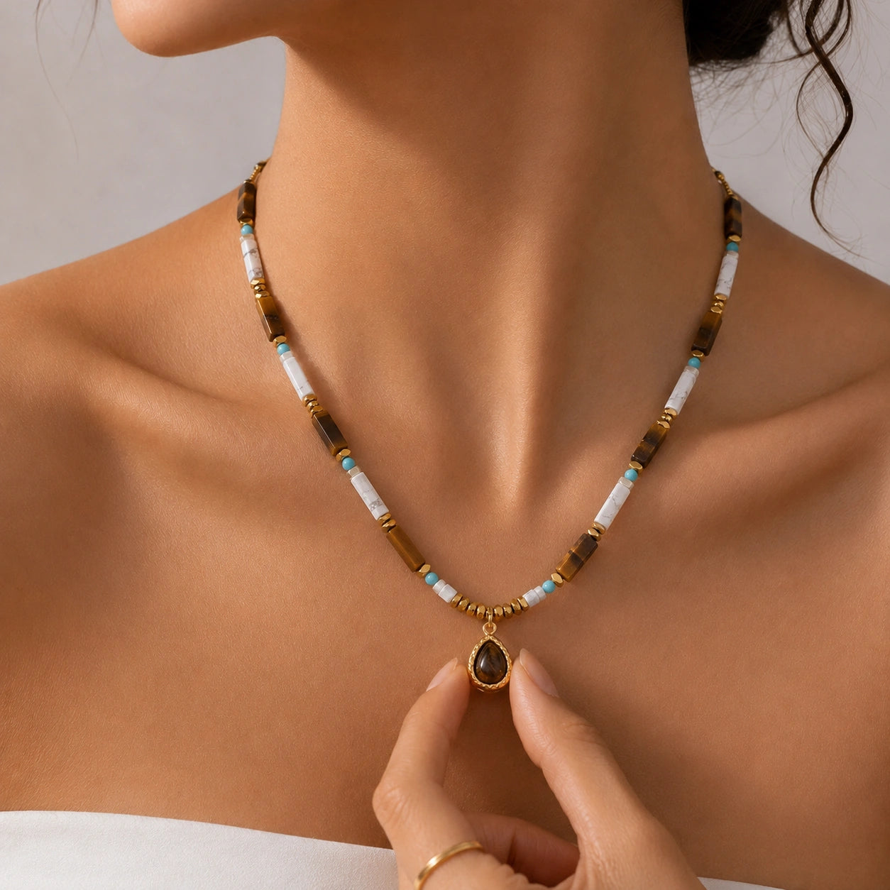 Boho crystal necklace with layered chain design for daily protection clarity and self-love intention