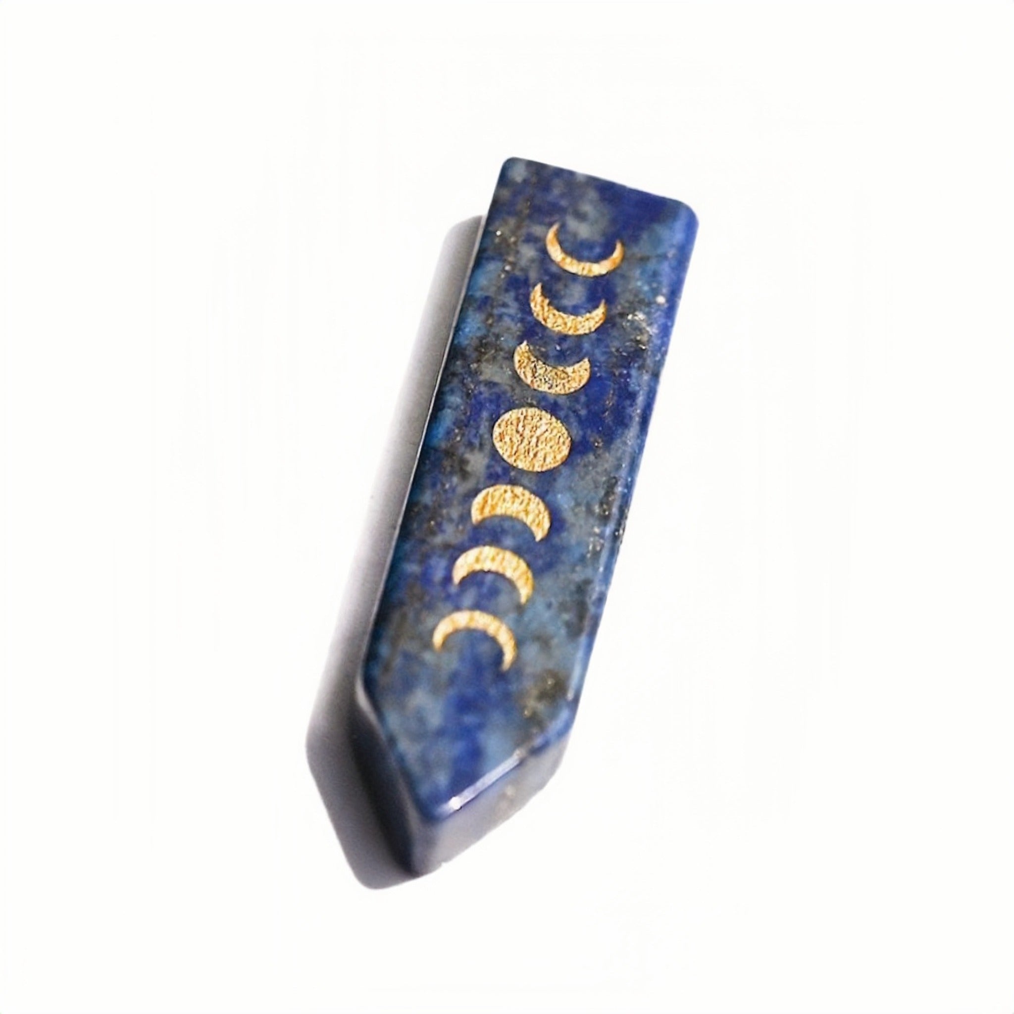 Lapis Lazuli moon phase crystal point with gold-tone lunar symbols
