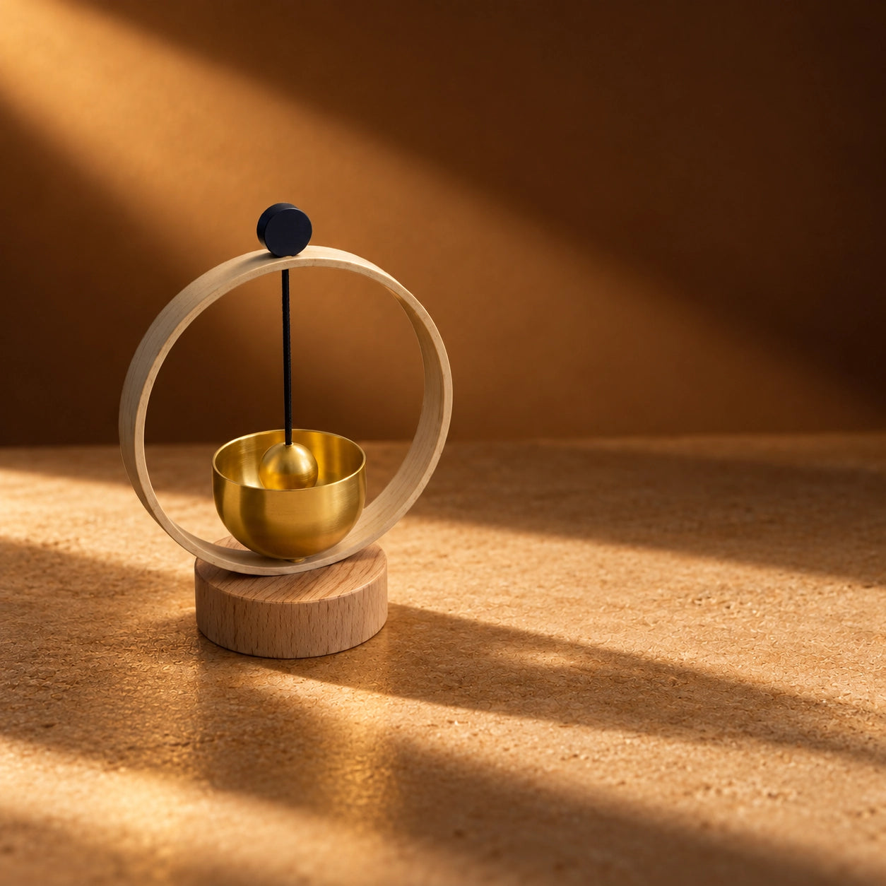 Mini brass singing bowl chime viewed from an angle with suspended striker, circular frame and wooden base