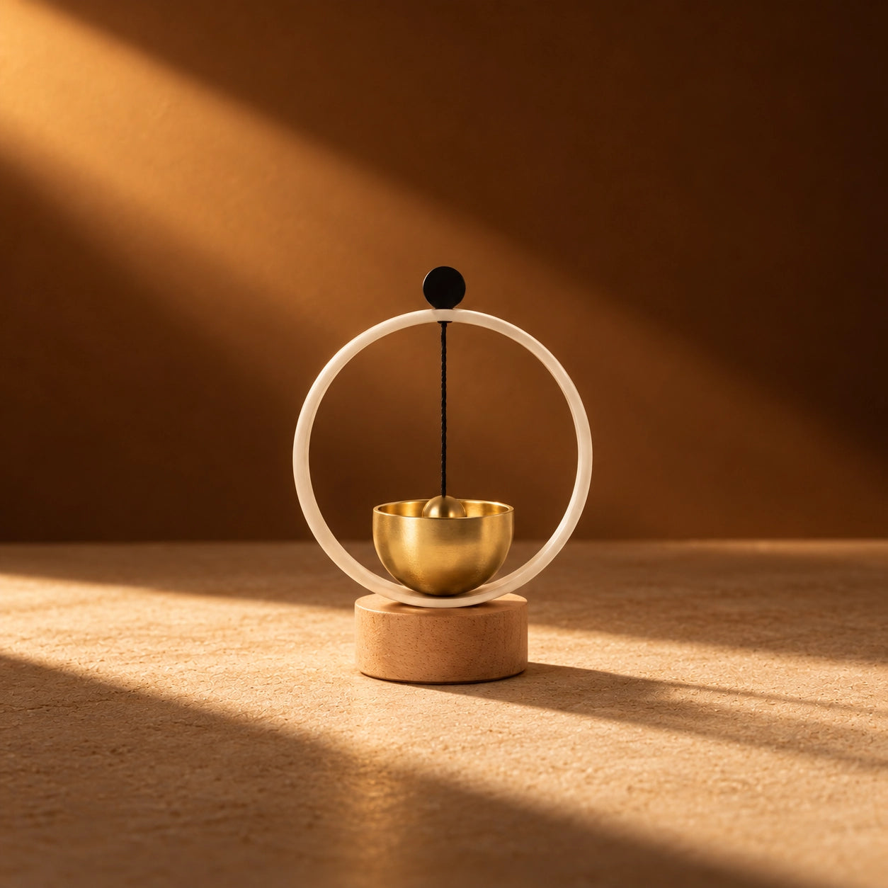 Centered mini brass singing bowl chime with circular sculptural frame and wooden base in warm natural light