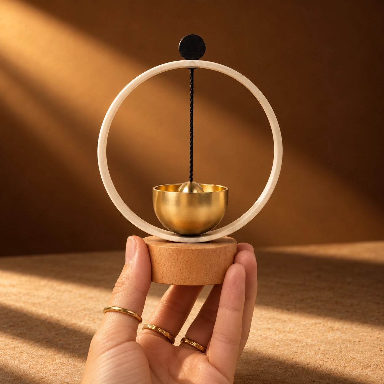Hand holding the compact mini brass singing bowl chime to show its palm-sized tabletop scale
