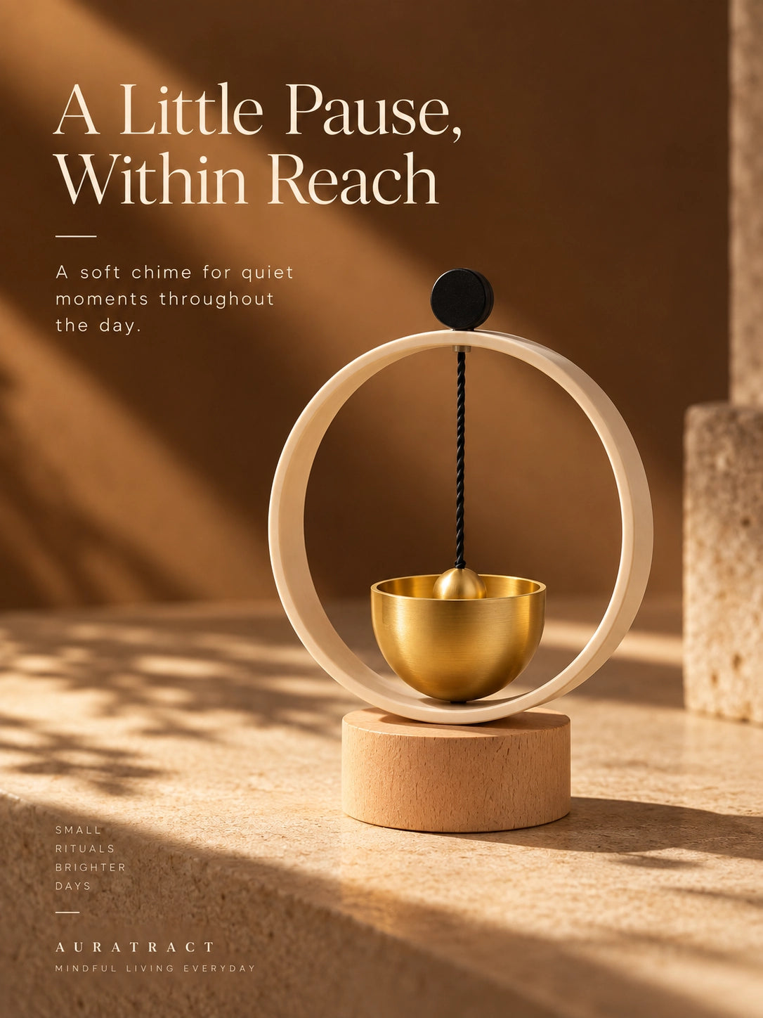 Mini brass singing bowl chime with the words A Little Pause, Within Reach in a warm mindful living scene