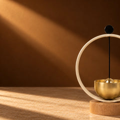 Mini brass singing bowl chime positioned to the side in a warm amber scene with soft sunlight and shadows