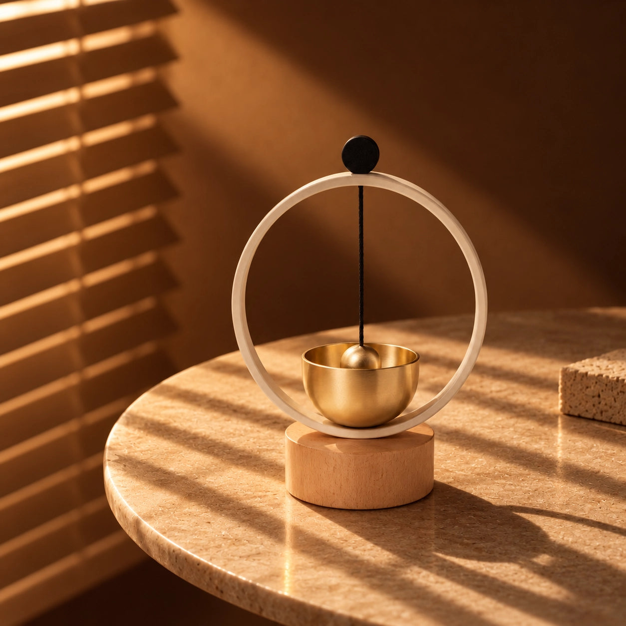 Mini brass singing bowl chime displayed on a round tabletop with warm sunlight and sculptural shadows