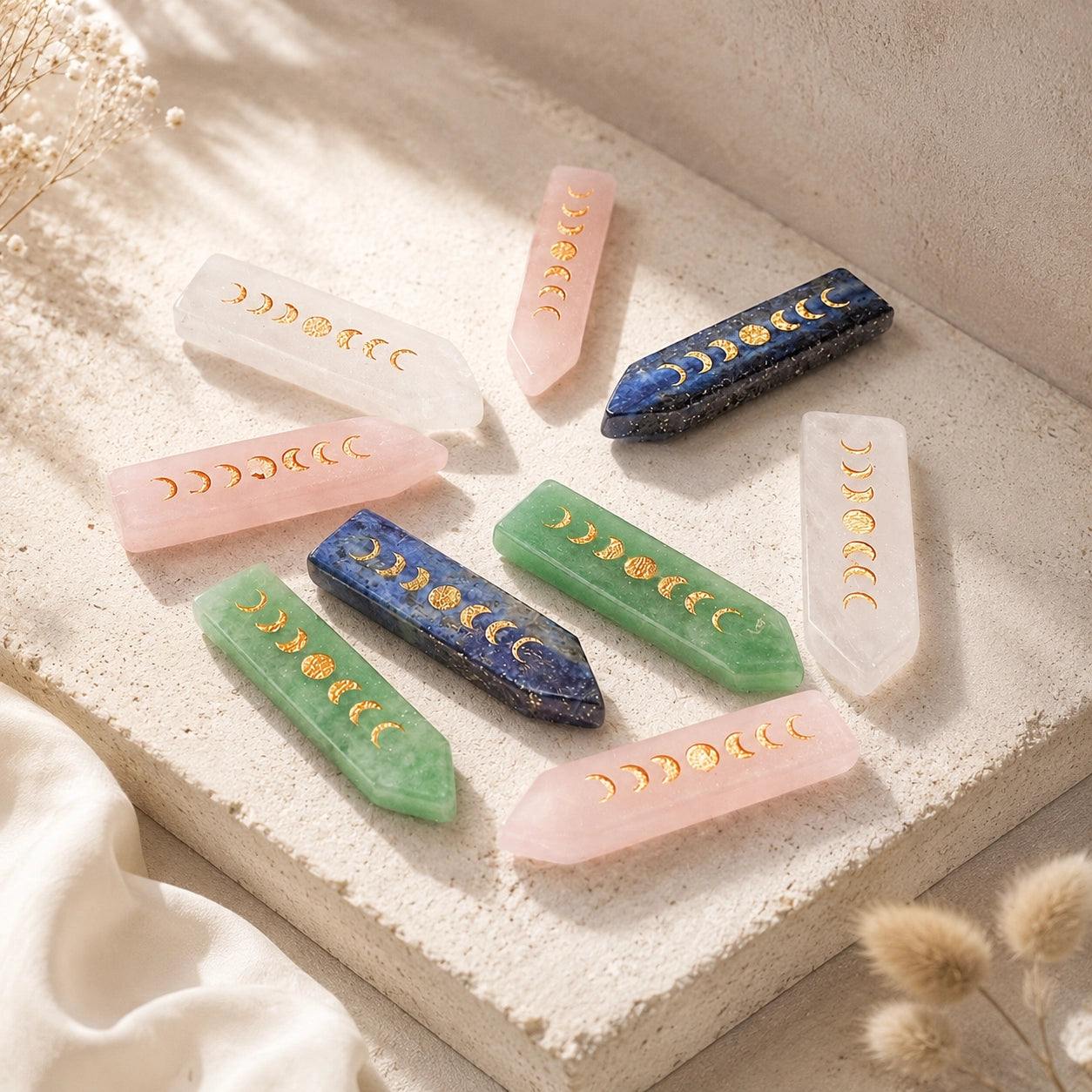 Set of moon phase crystal wands displayed on a warm stone slab for emotional balance and new beginning
