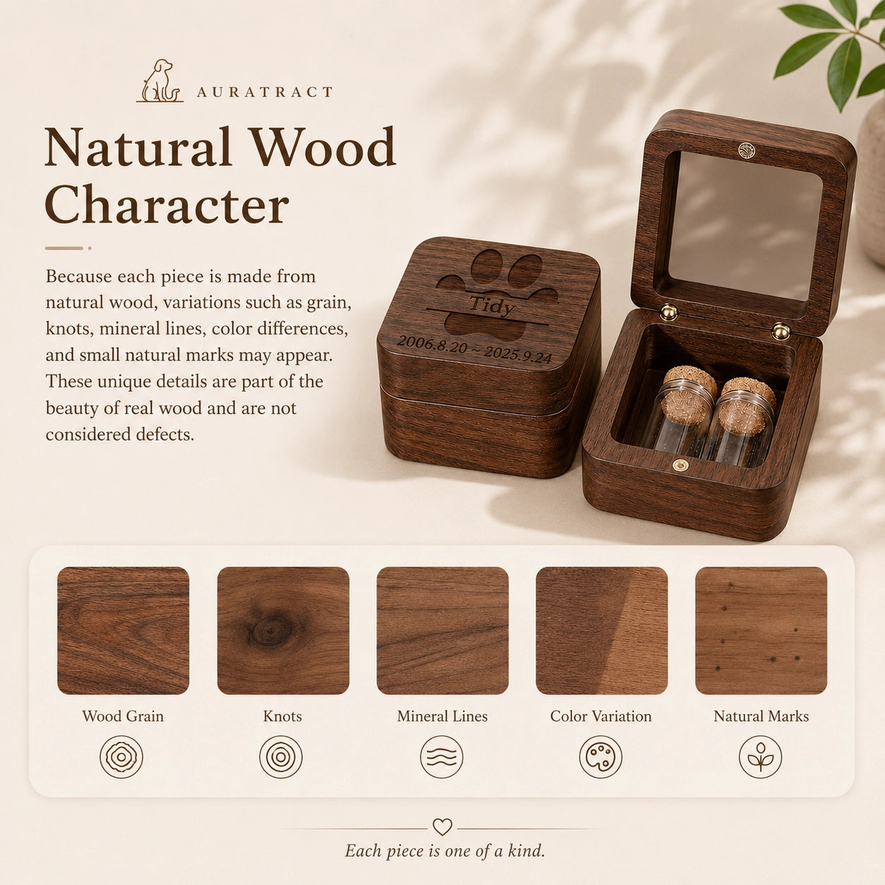 Natural wood pet keepsake box showing unique grain, knots, mineral lines and color variations