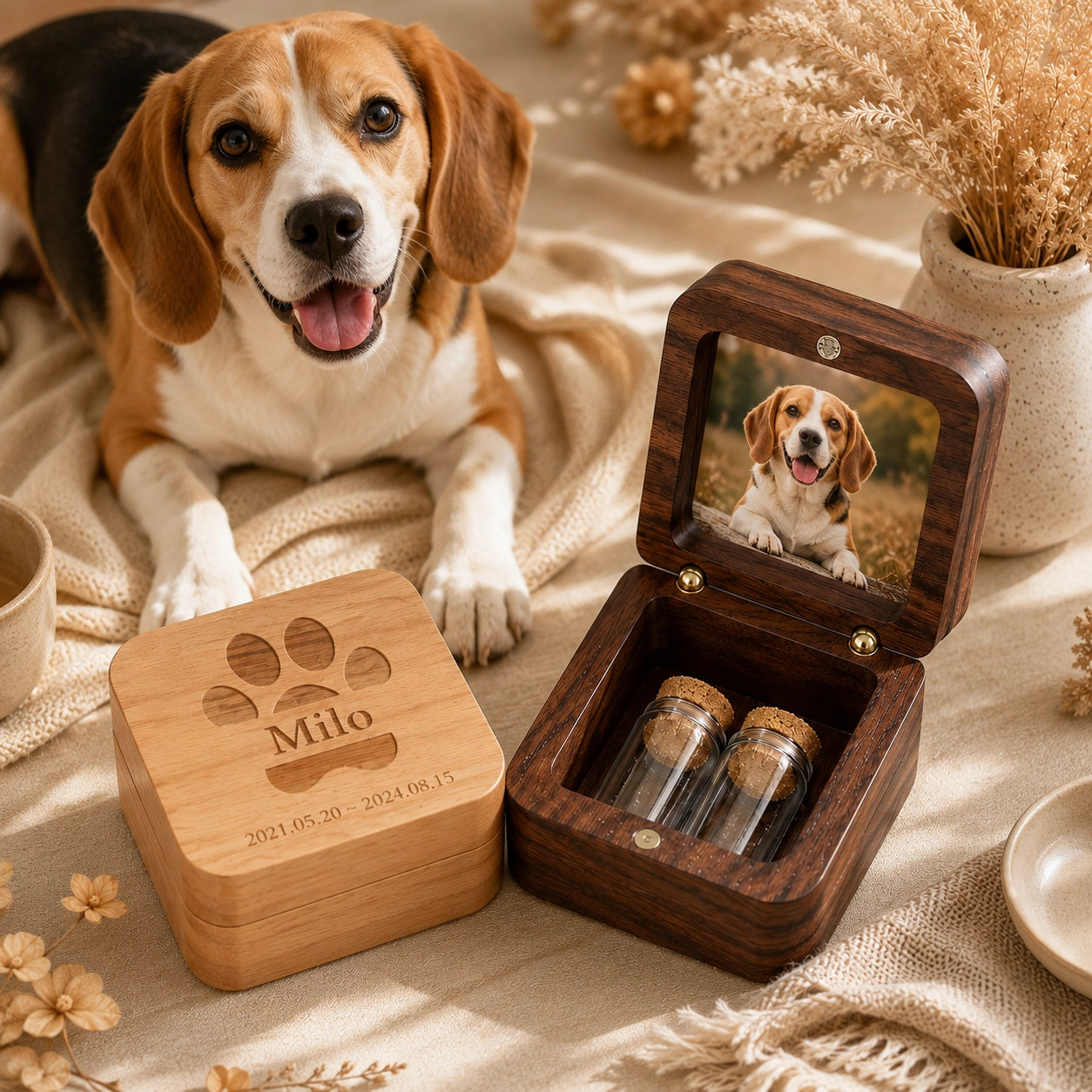 Natural wood and walnut pet keepsake boxes with custom engraving, Beagle photo and glass vials