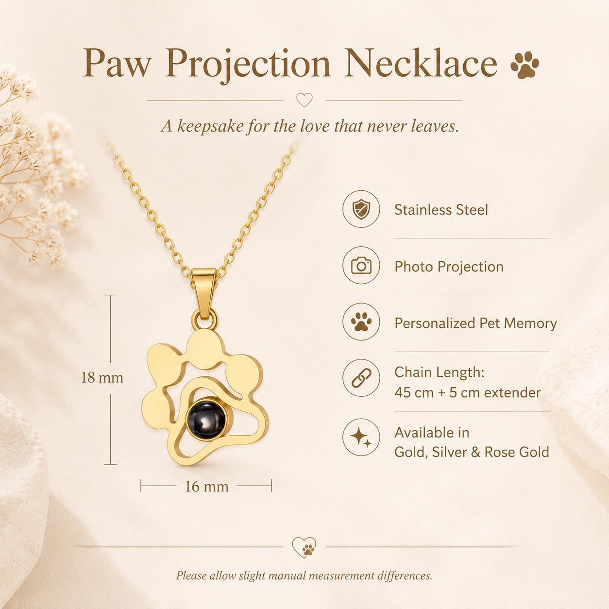 Paw print pet photo projection necklace product details with pendant size and chain length