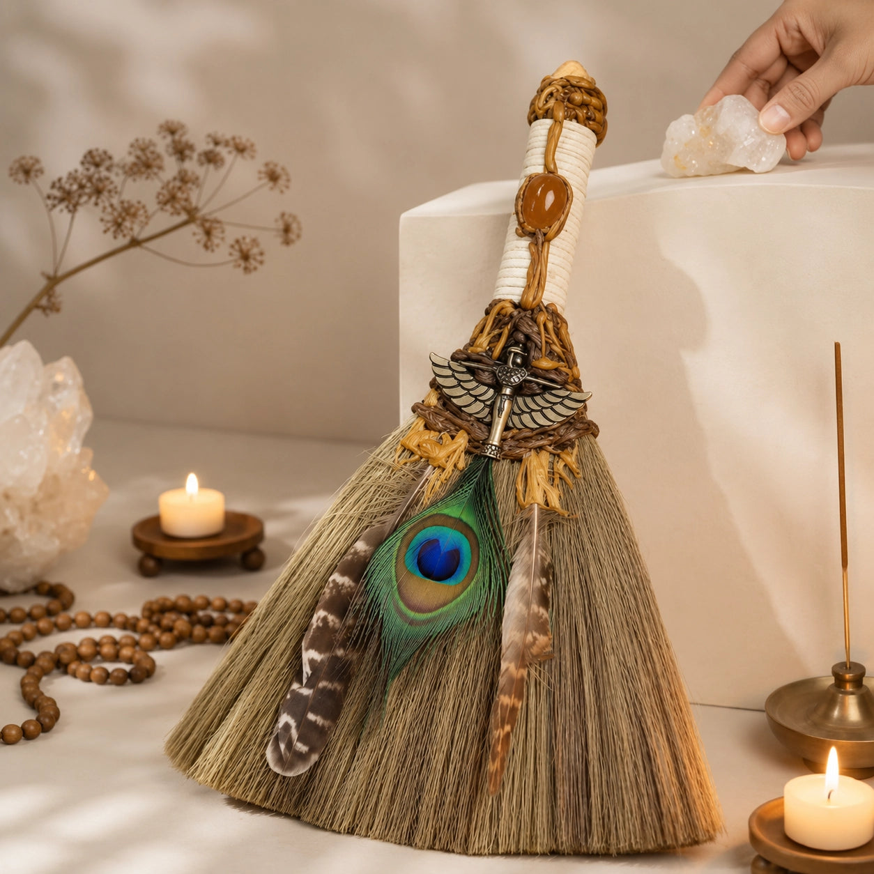 Decorative handmade Peacock Feather Witch Broom , candles, and crystals on a neutral background