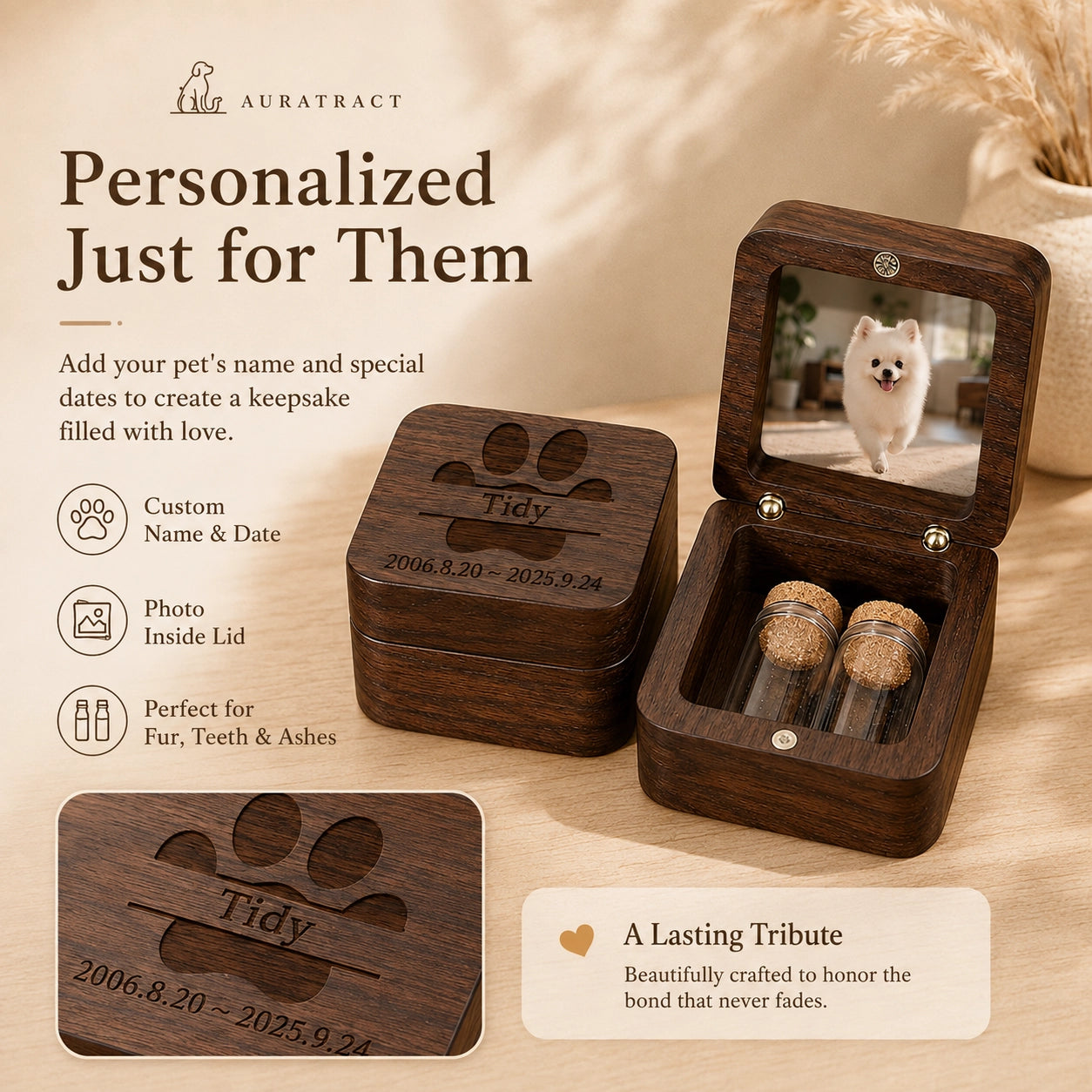 Personalized walnut pet keepsake box with engraved name, meaningful dates, photo and two glass vials