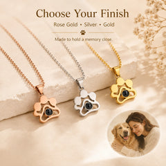 Personalized paw print photo projection necklaces in rose gold, silver and gold finishes