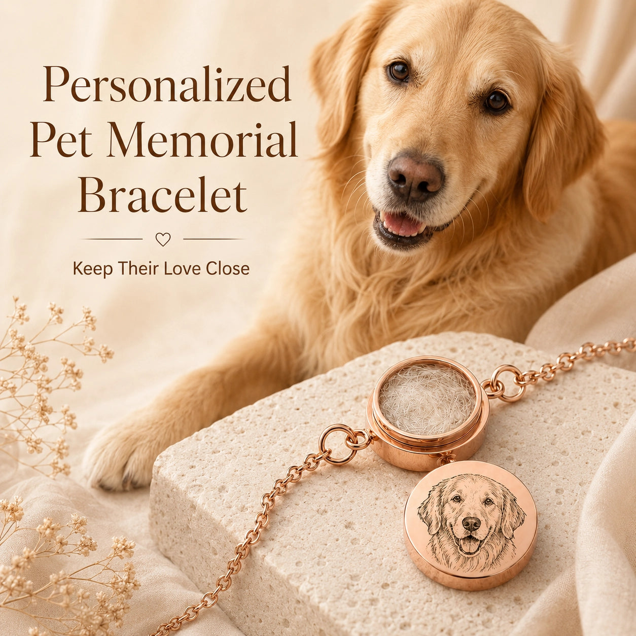 Personalized pet portrait bracelet with engraved dog portrait and hidden fur keepsake compartment beside a golden retriever