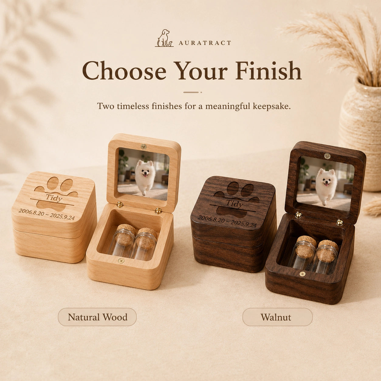 Personalized pet memorial keepsake box in Natural Wood and Walnut finishes