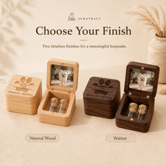 Personalized pet memorial keepsake box in Natural Wood and Walnut finishes