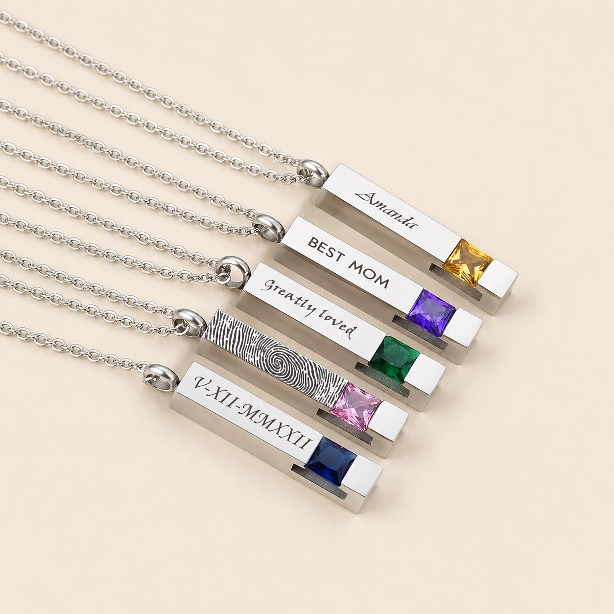 Silver four-sided engraving bar necklaces with different birthstone colors, names, dates and print designs
