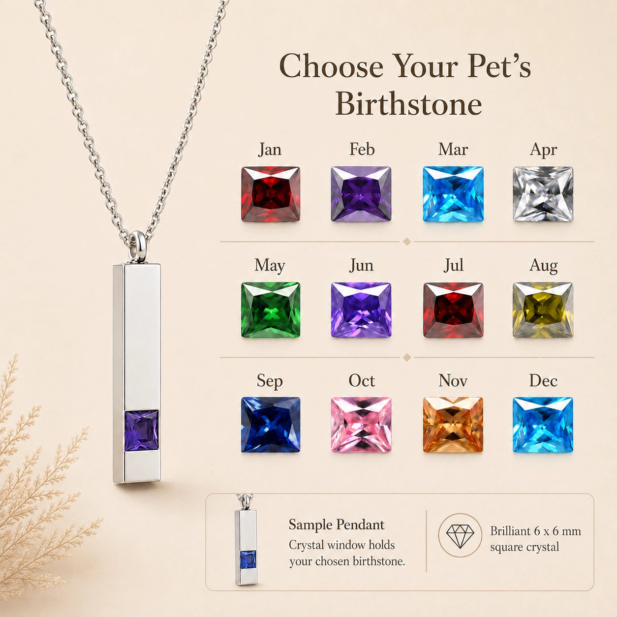 January through December birthstone color chart for the personalized pet urn necklace