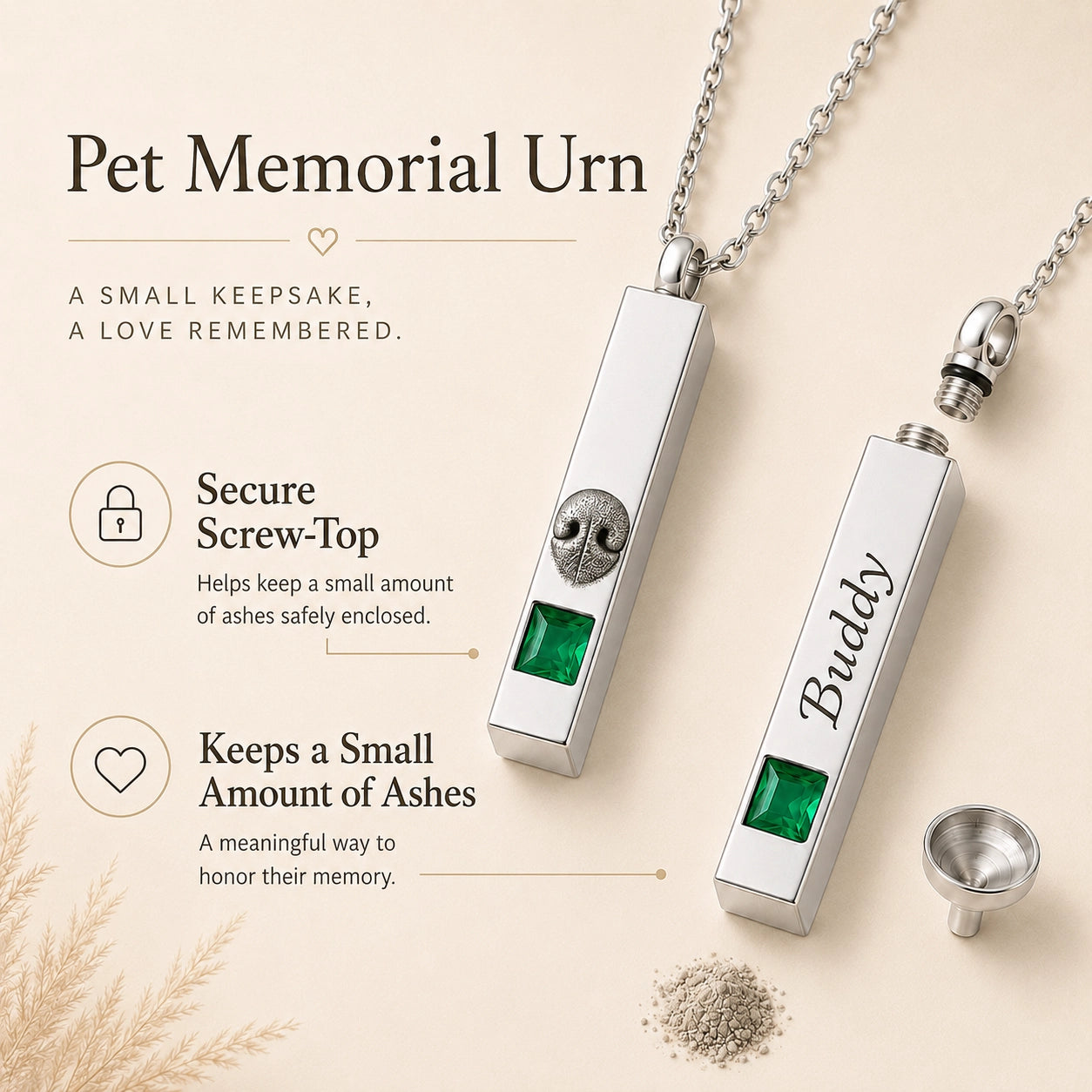 Pet memorial urn necklace with secure screw top, ash compartment, filling funnel and silicone ring