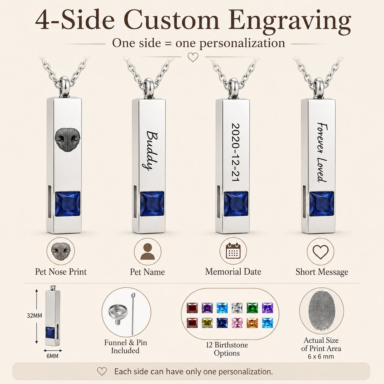 Four-sided pet urn necklace engraving guide for nose print, pet name, memorial date and short message