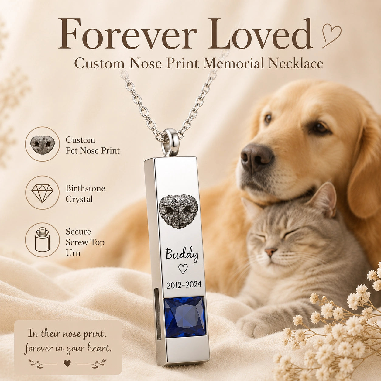 Custom pet nose print memorial urn necklace with blue birthstone shown with a dog and cat