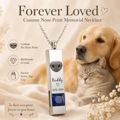 Custom pet nose print memorial urn necklace with blue birthstone shown with a dog and cat