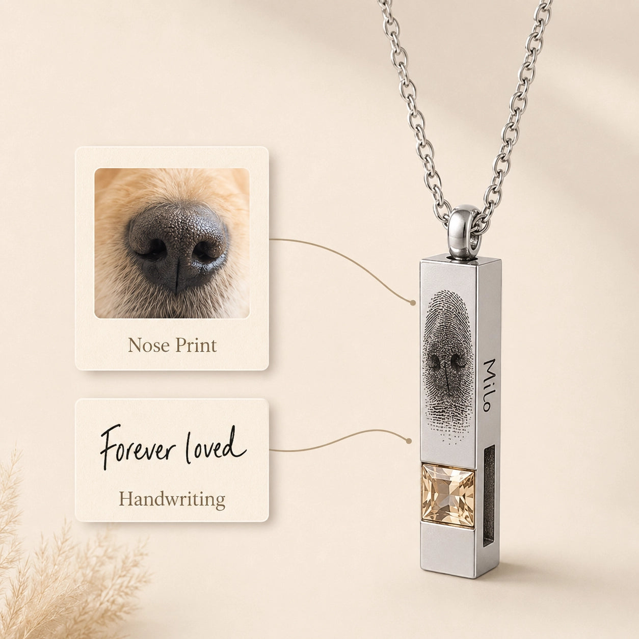 Personalized pet memorial necklace engraved from a pet nose photo and original handwriting