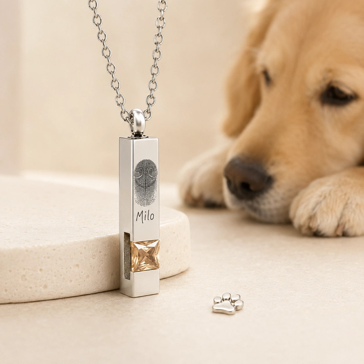 Personalized silver pet nose print urn necklace with November birthstone beside a golden retriever