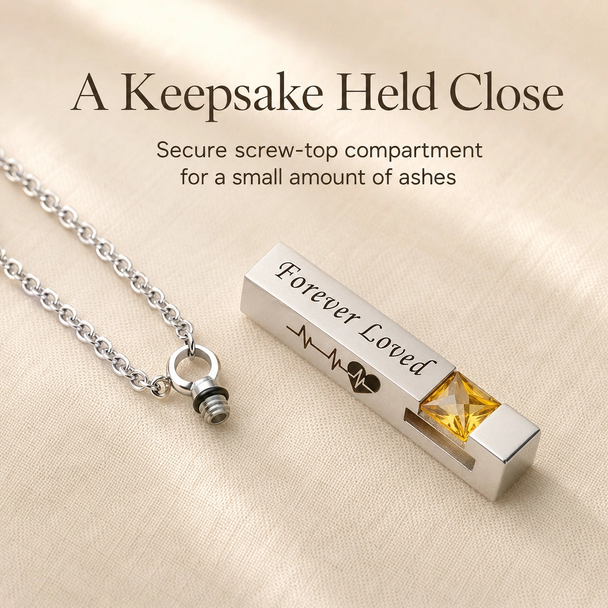Open screw-top pet urn necklace showing silicone sealing ring and compartment for a small amount of ashes