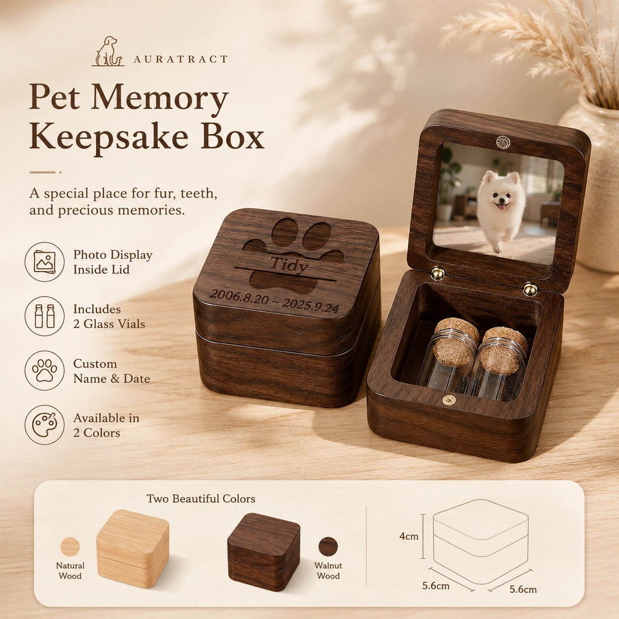 Personalized wooden pet memory box with photo frame, two keepsake vials and custom name and date