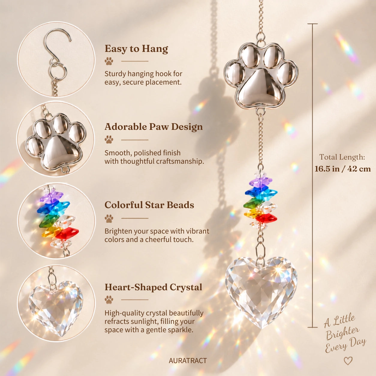 Heart-shaped pet paw crystal suncatcher detail guide showing hanging hook, paw charm, colorful star beads and 16.5 inch total length