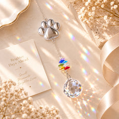 Round pet paw crystal suncatcher with colorful star beads and faceted crystal displayed in a warm ivory flat lay with rainbow light