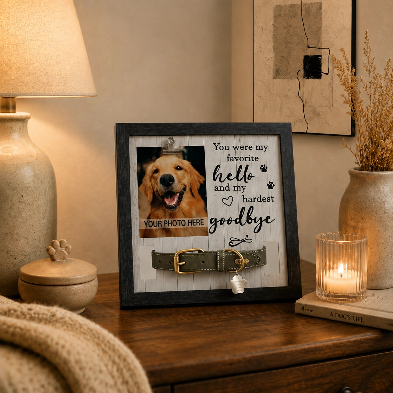 Cat memorial picture frame with collar holder for a meaningful remembrance display