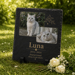 Personalized square pet grave marker with cat photos, name and memorial dates displayed outdoors