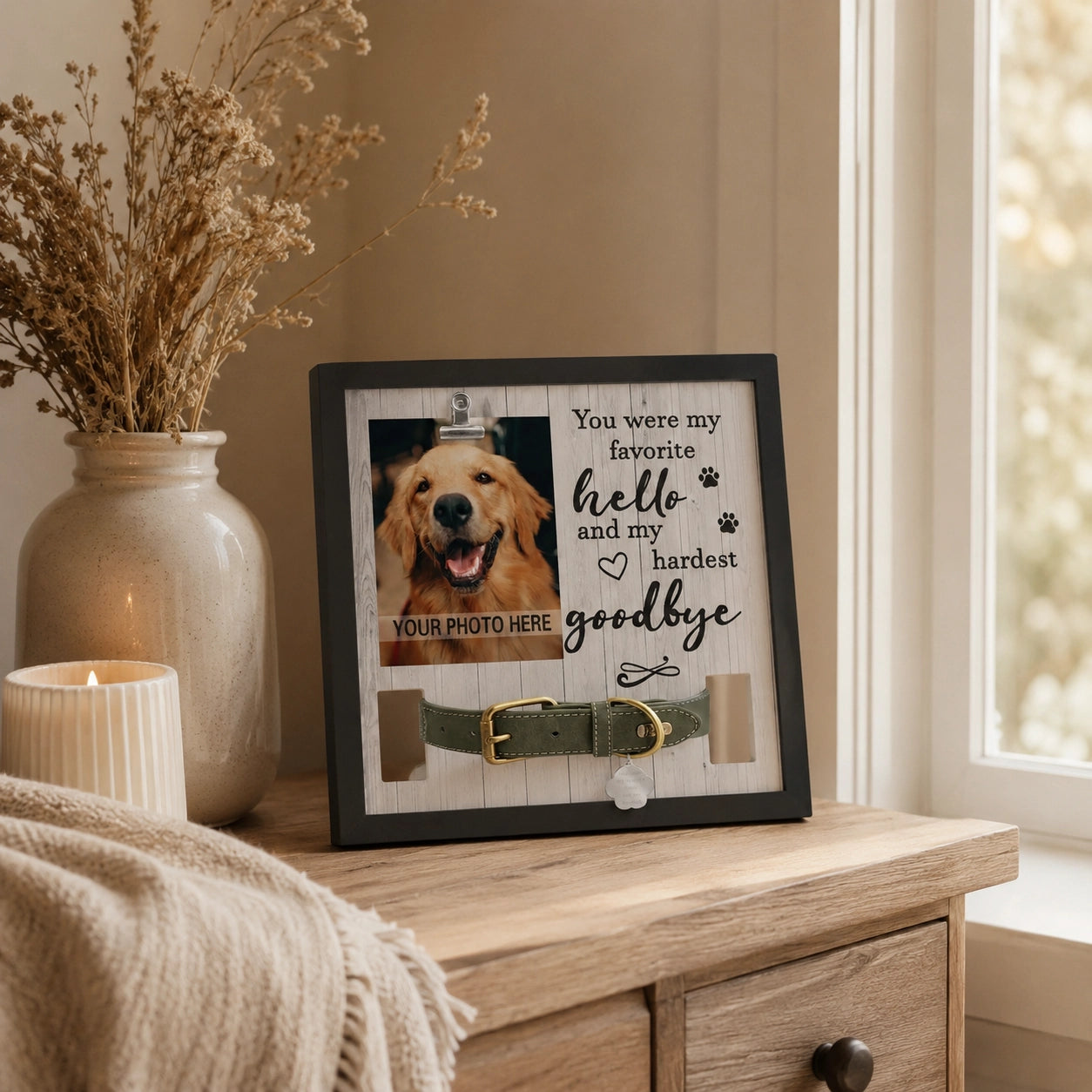 Pet memorial photo frame with dedicated collar holder for dog or cat remembrance