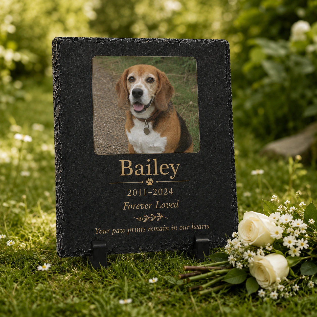 Personalized dog grave marker with photo, name, dates and display stand in a garden setting