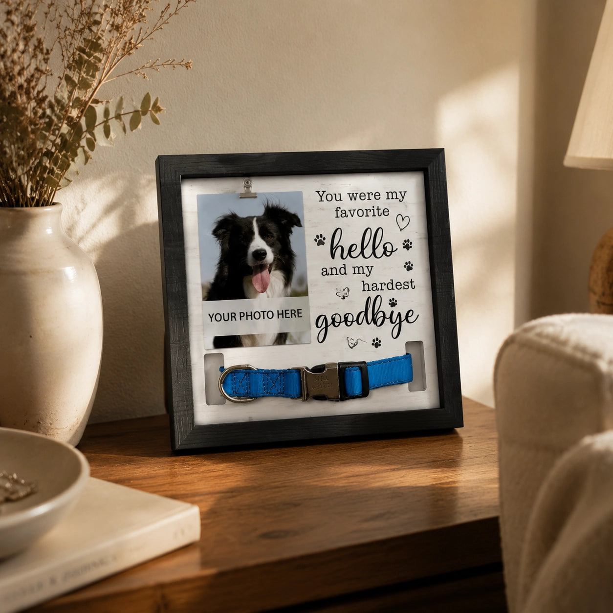 Pet memorial frame size and layout details for displaying one photo and one collar
