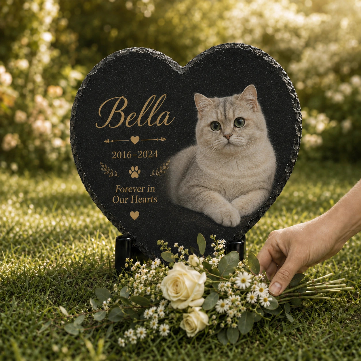Heart-shaped personalized cat memorial stone with photo and custom remembrance text