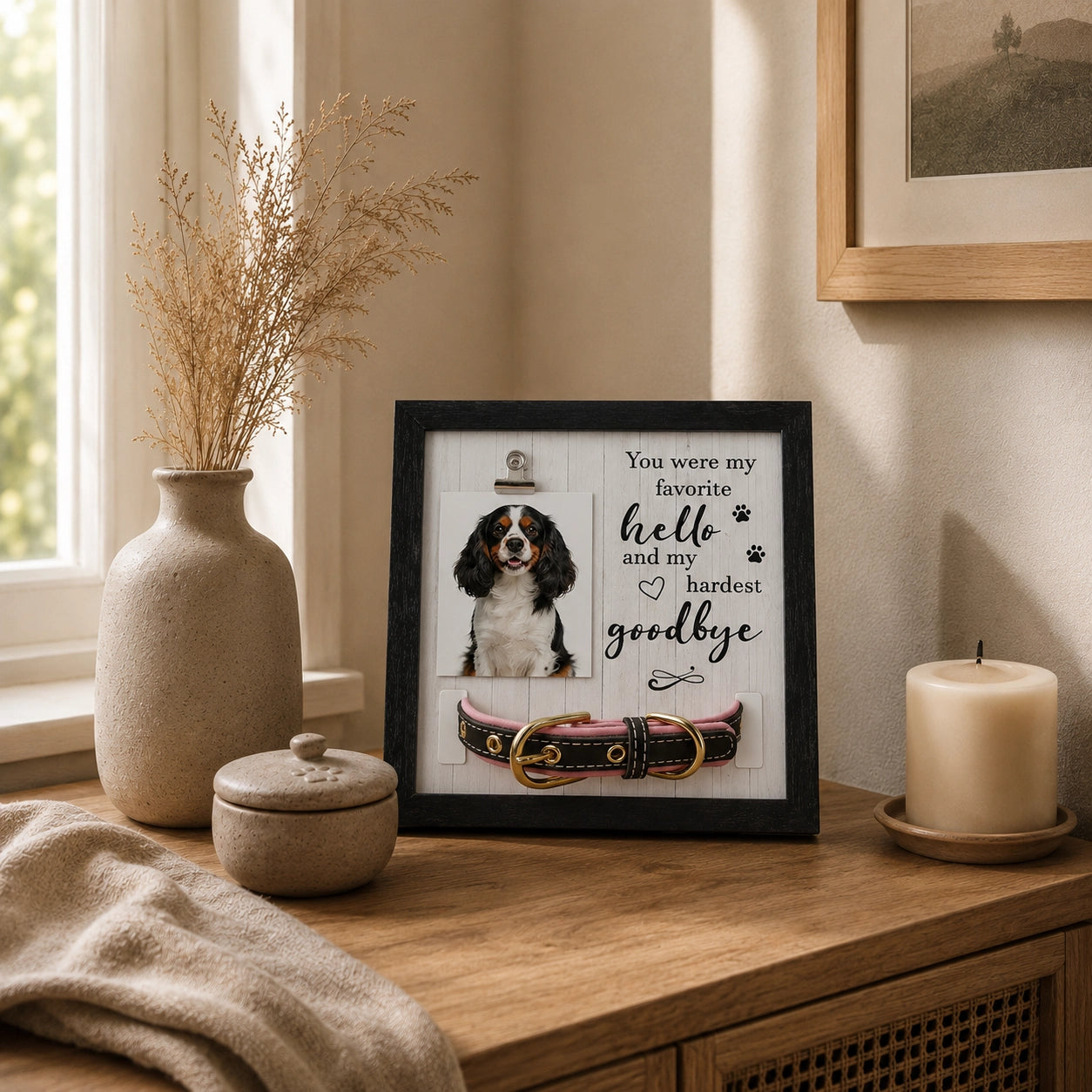 Dog memorial photo keepsake frame with collar display in a warm home setting