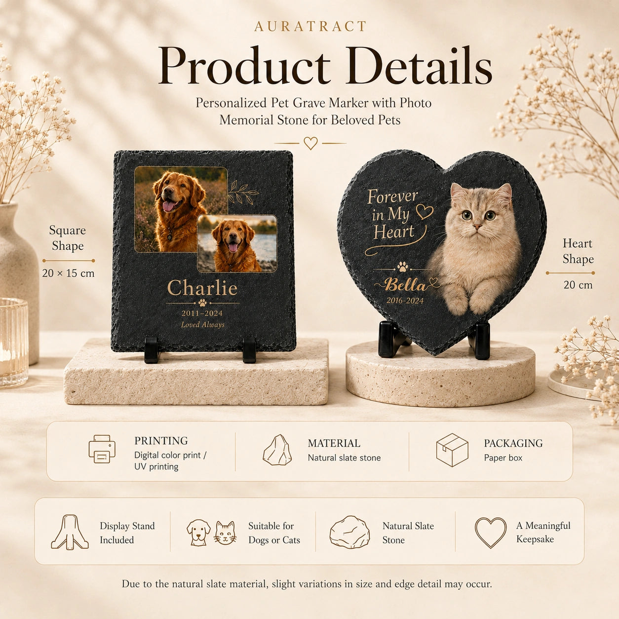 Product details for square and heart personalized pet memorial stones with display stands