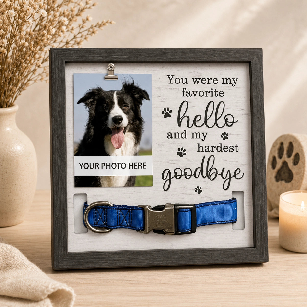 Wood-style dog and cat memorial frame designed for a pet photo and collar display