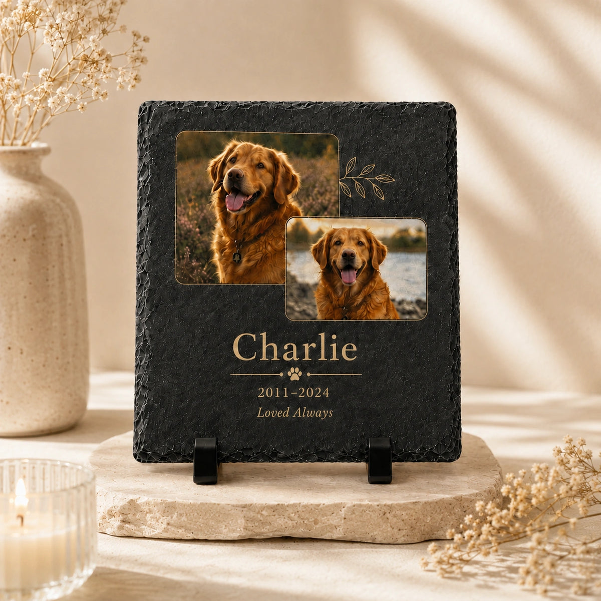 Square personalized dog memorial stone with two photos, name and memorial dates