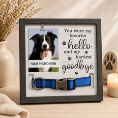 Wood-style dog and cat memorial frame designed for a pet photo and collar display