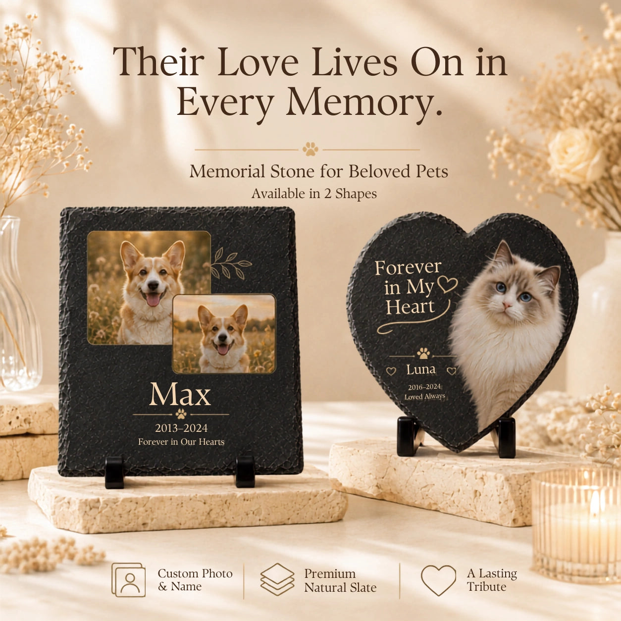 Square and heart pet memorial stones personalized for dogs and cats