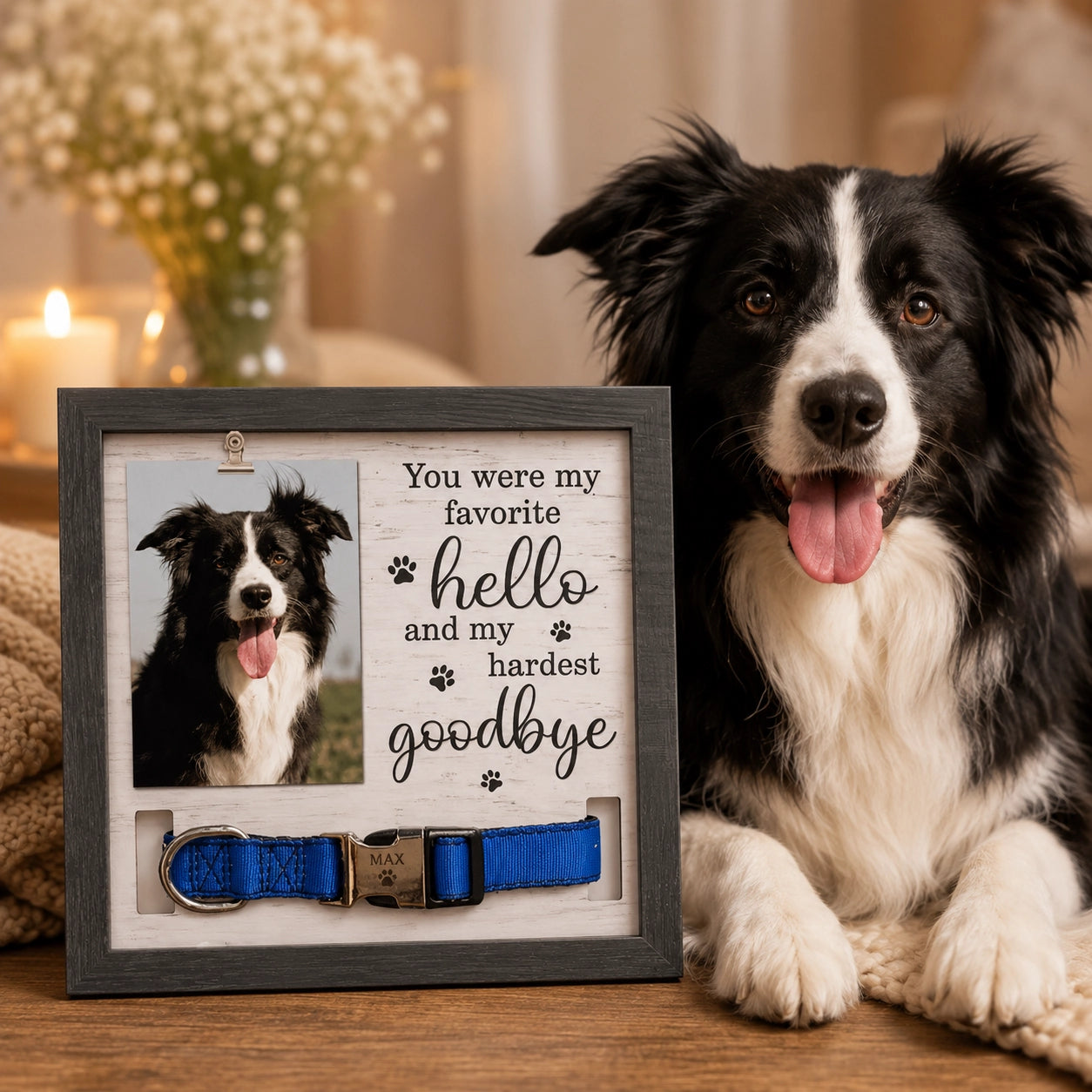 Pet sympathy gift frame with collar holder and remembrance message for dog or cat loss