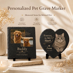 Personalized pet grave marker options with custom photo, name and memorial message