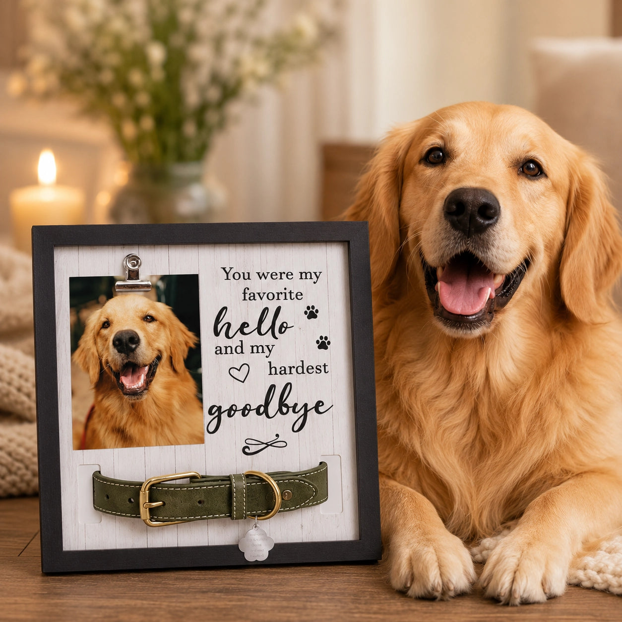 Square pet memorial frame for displaying a favorite pet photo and collar together