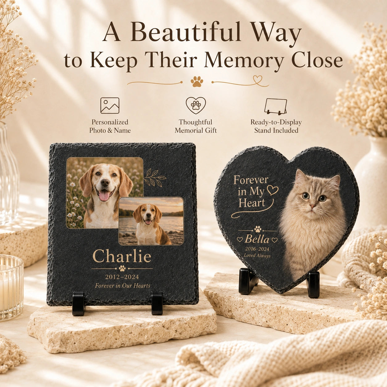 Square and heart personalized pet memorial stones for beloved dogs and cats