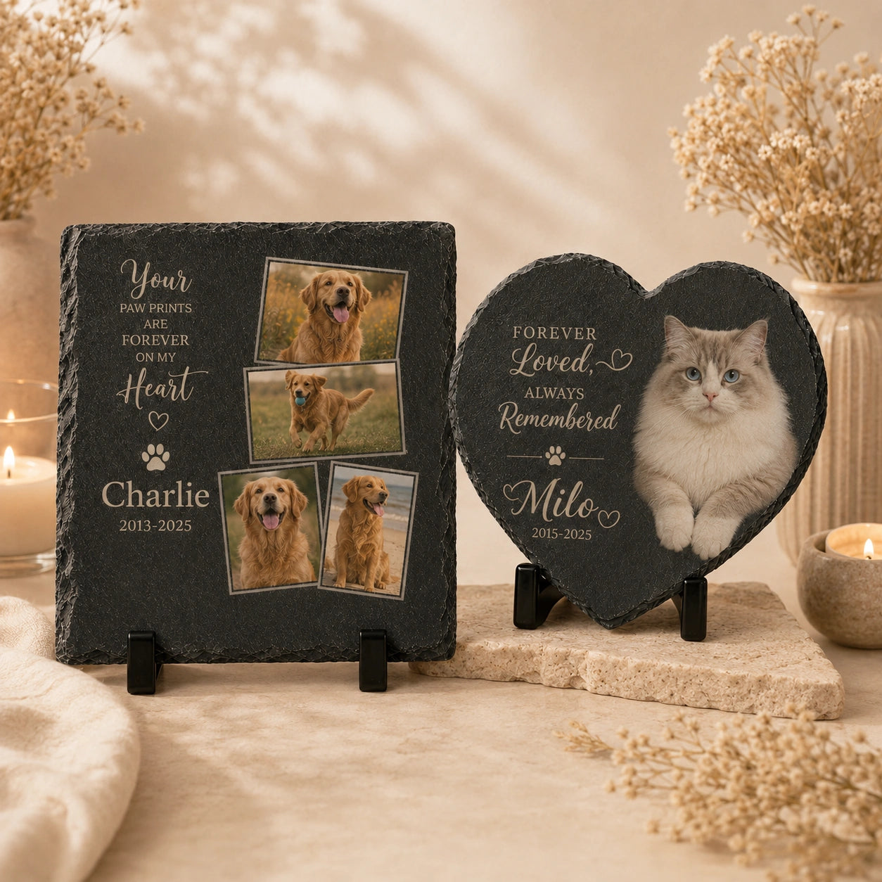 Custom pet grave markers with multiple photo and memorial text layout options