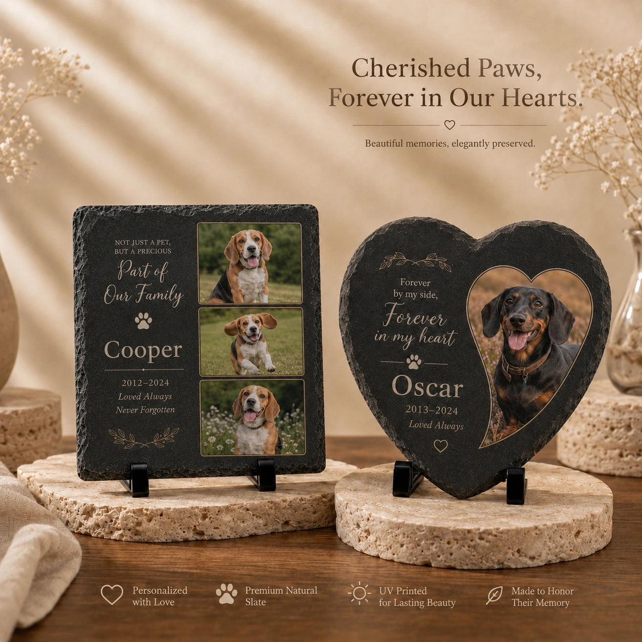 Personalized dog memorial stones in square and heart shapes with display stands